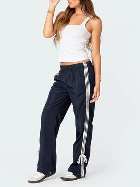 Women's Navy Track Pants with Ribbon Stripe